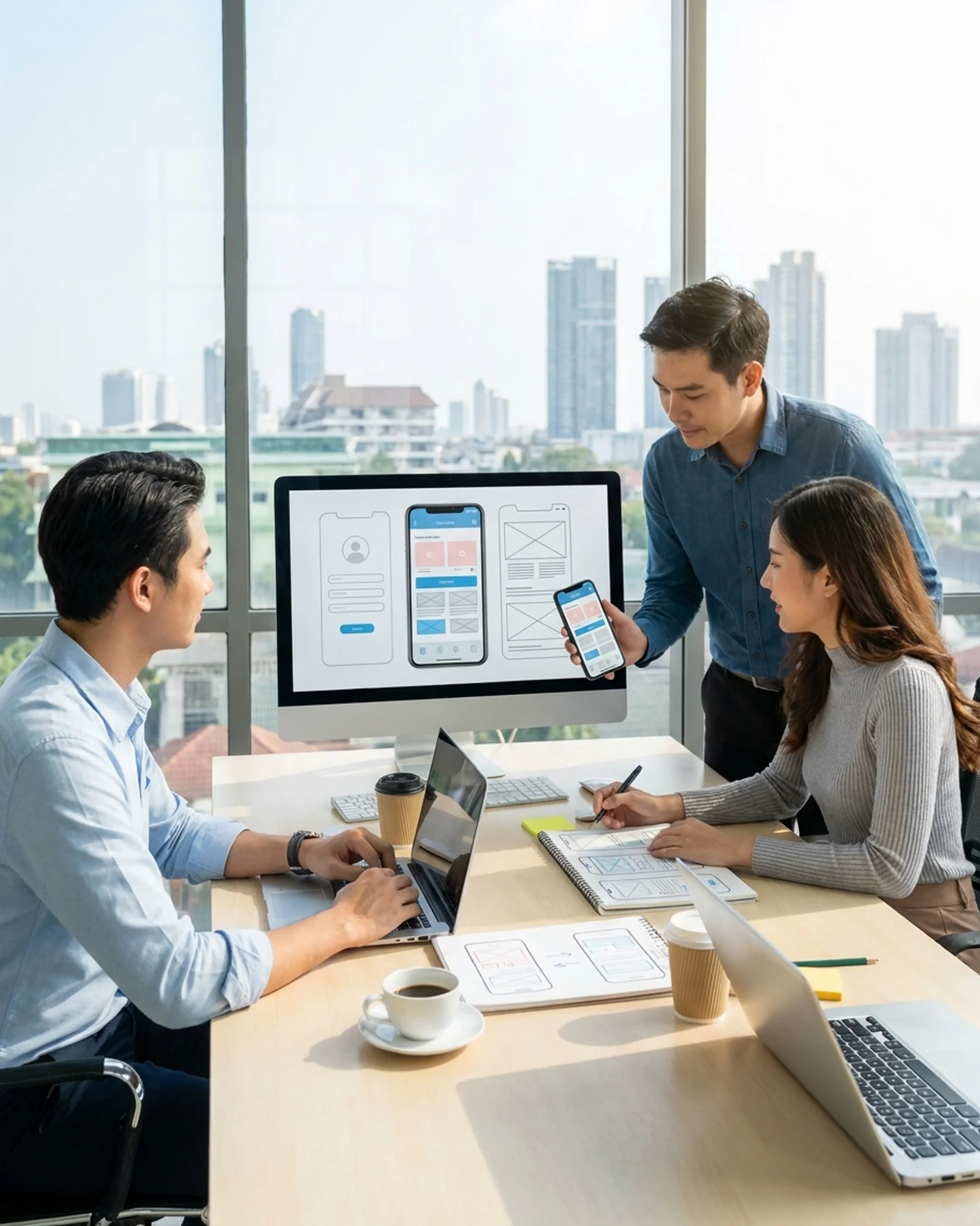 Asian colleagues in an office, collaborating on a laptop to develop mobile applications for their company