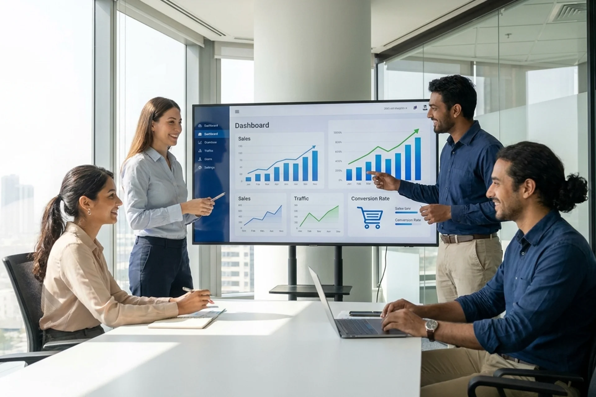 Business professionals discuss strategies in a meeting room with a large screen displaying ecommerce growth data
