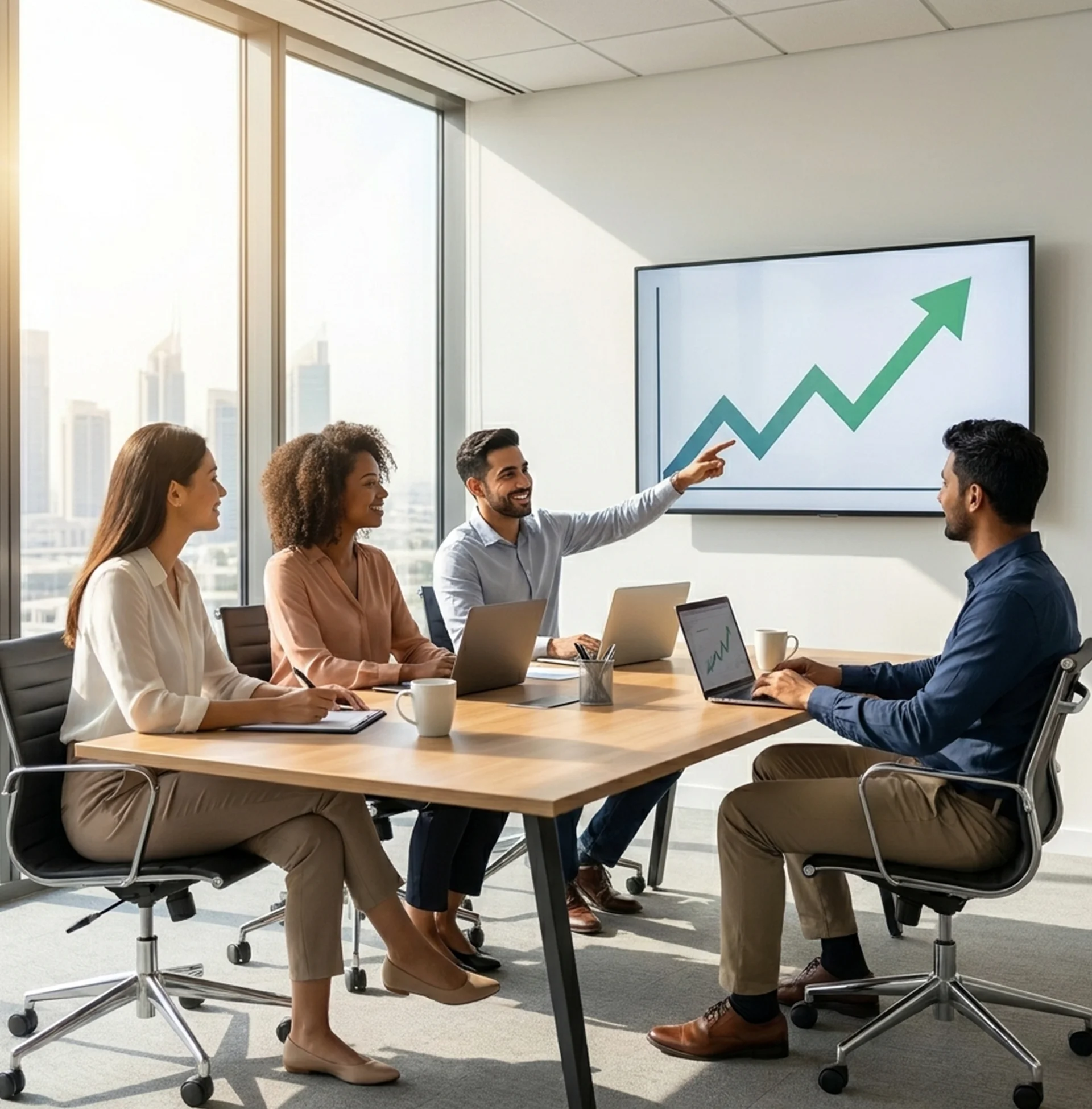 Business professionals discussing strategies at a table, with a growth chart displayed on the wall behind them