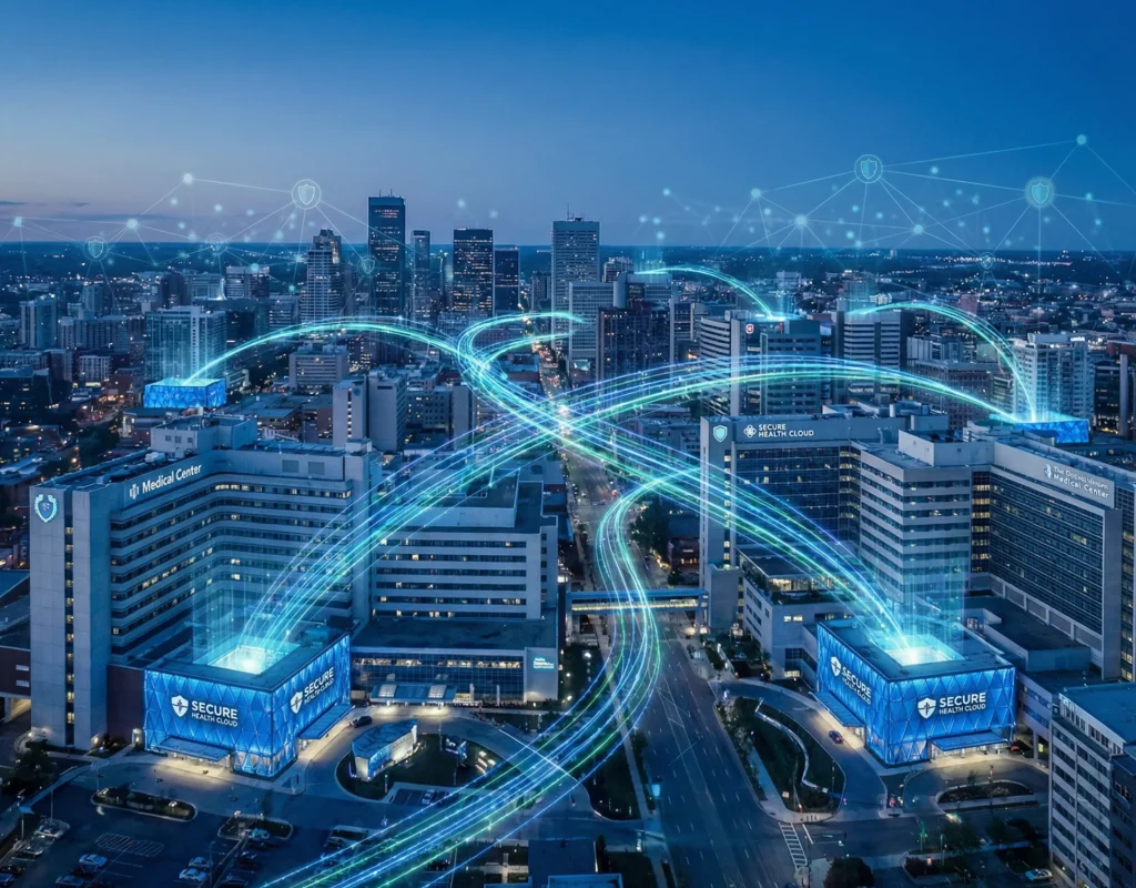 City with linked buildings and network lines, illustrating secure patient data routing and efficient cloud workflows