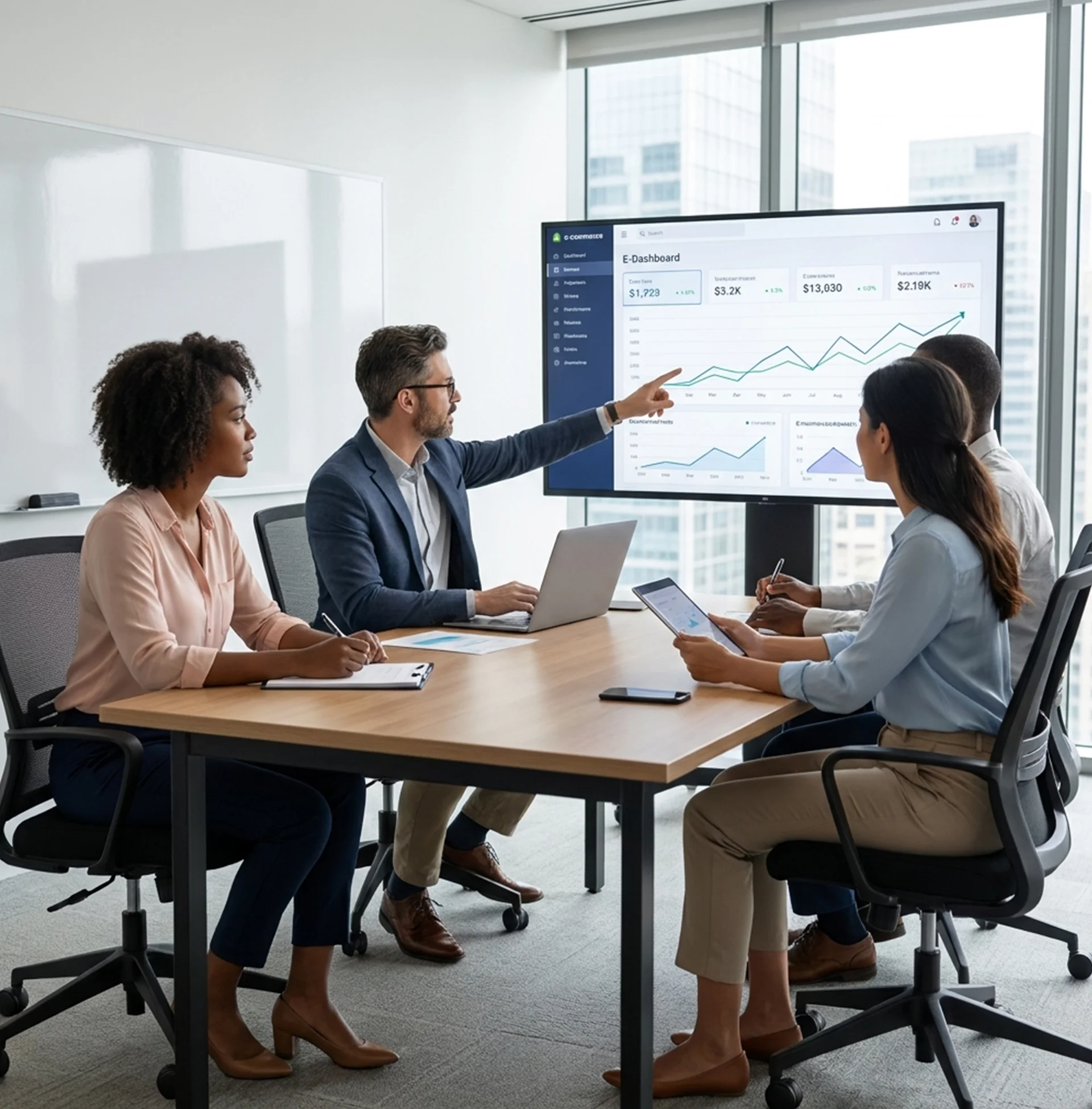Group of people at a table, with a man pointing at a screen, discussing ecommerce agency strategies and insights