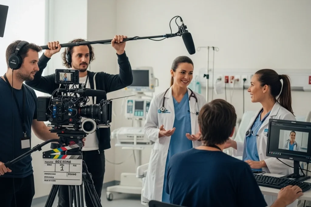 Healthcare videography experts filming in a hospital room, surrounded by medical staff and equipment