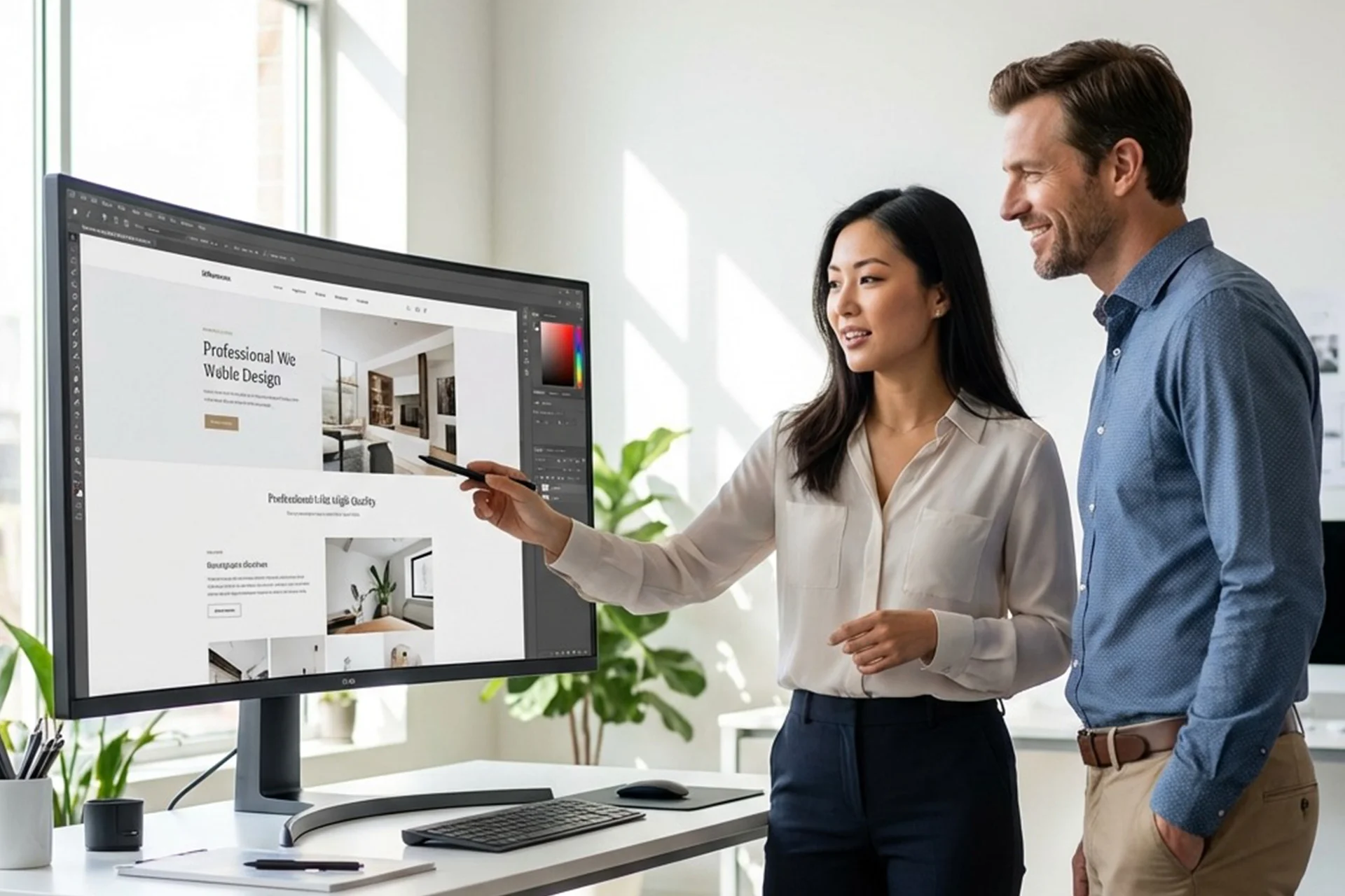 Man & woman collaborate while reviewing a design on a computer screen