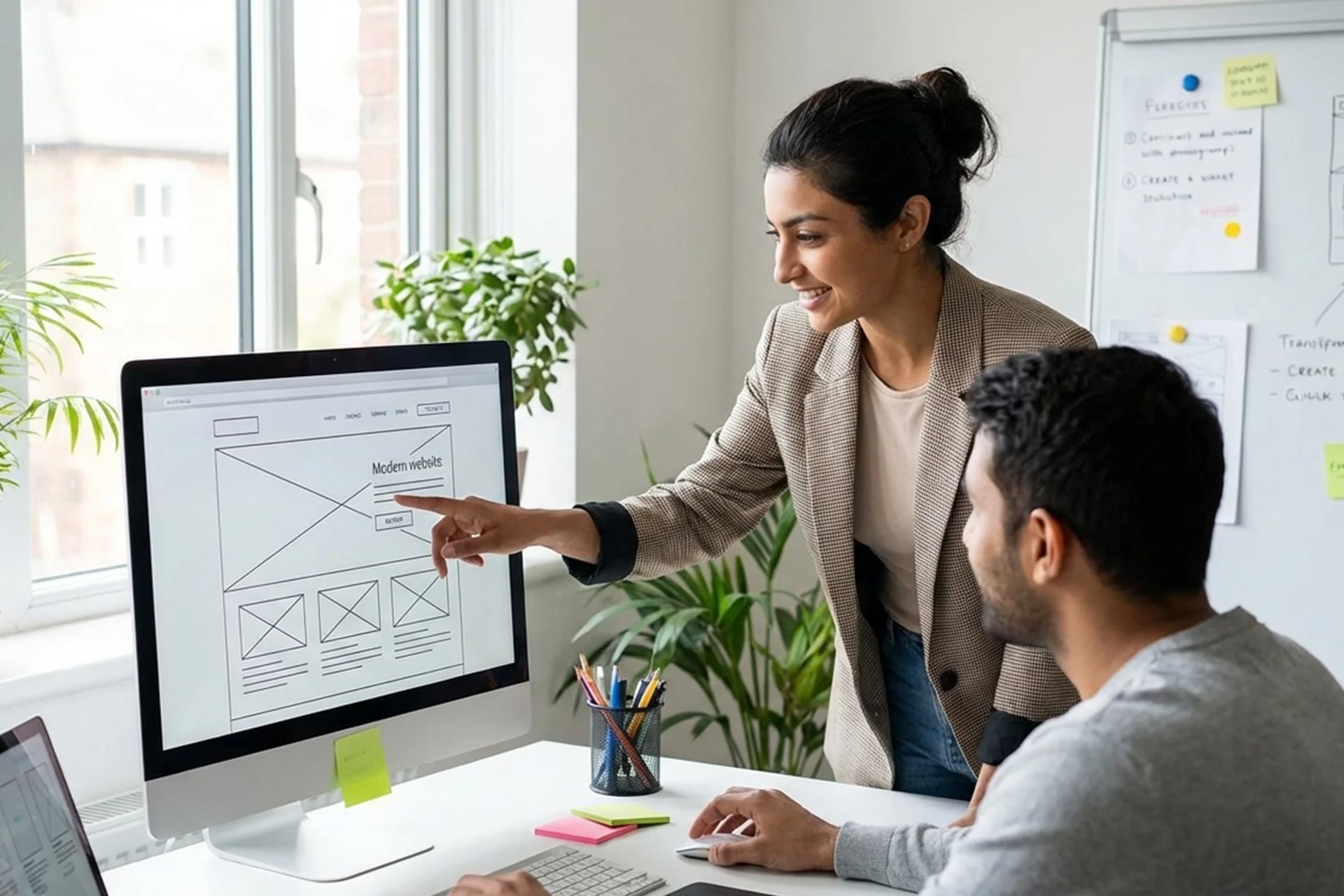 Man & woman work together on a computer, illustrating the web design process at ZechionIT