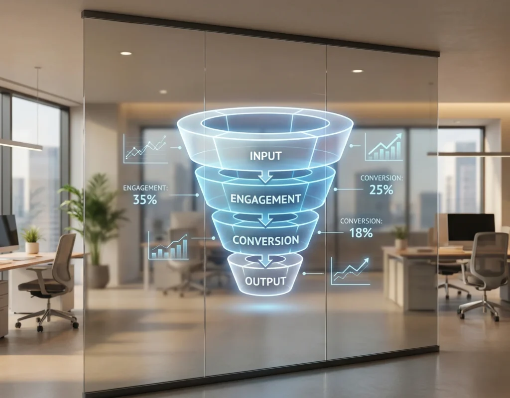 Sales funnel diagram displayed in a modern glass office, illustrating digital platforms as revenue-generating tools