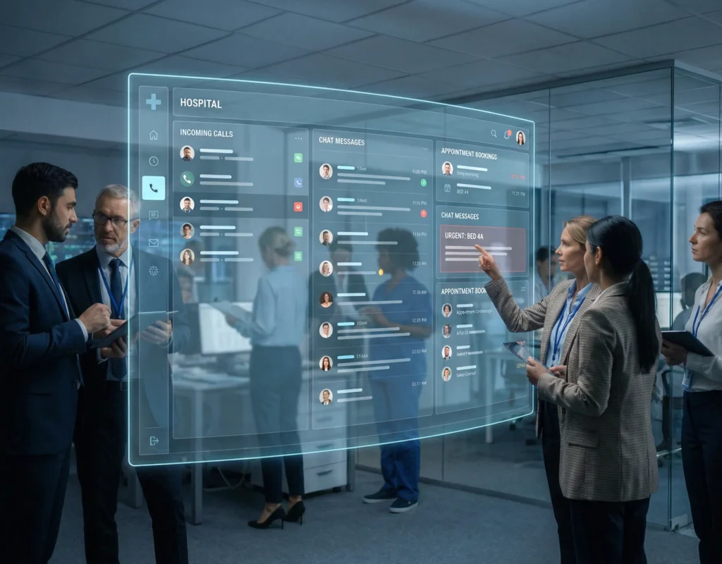 Team of business people in an office focused on a screen displaying digital asset management tools