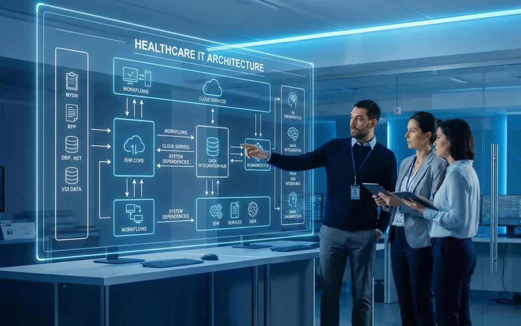 Team of business people in front of a large screen displaying a network diagram, focusing on IT partnership requirements