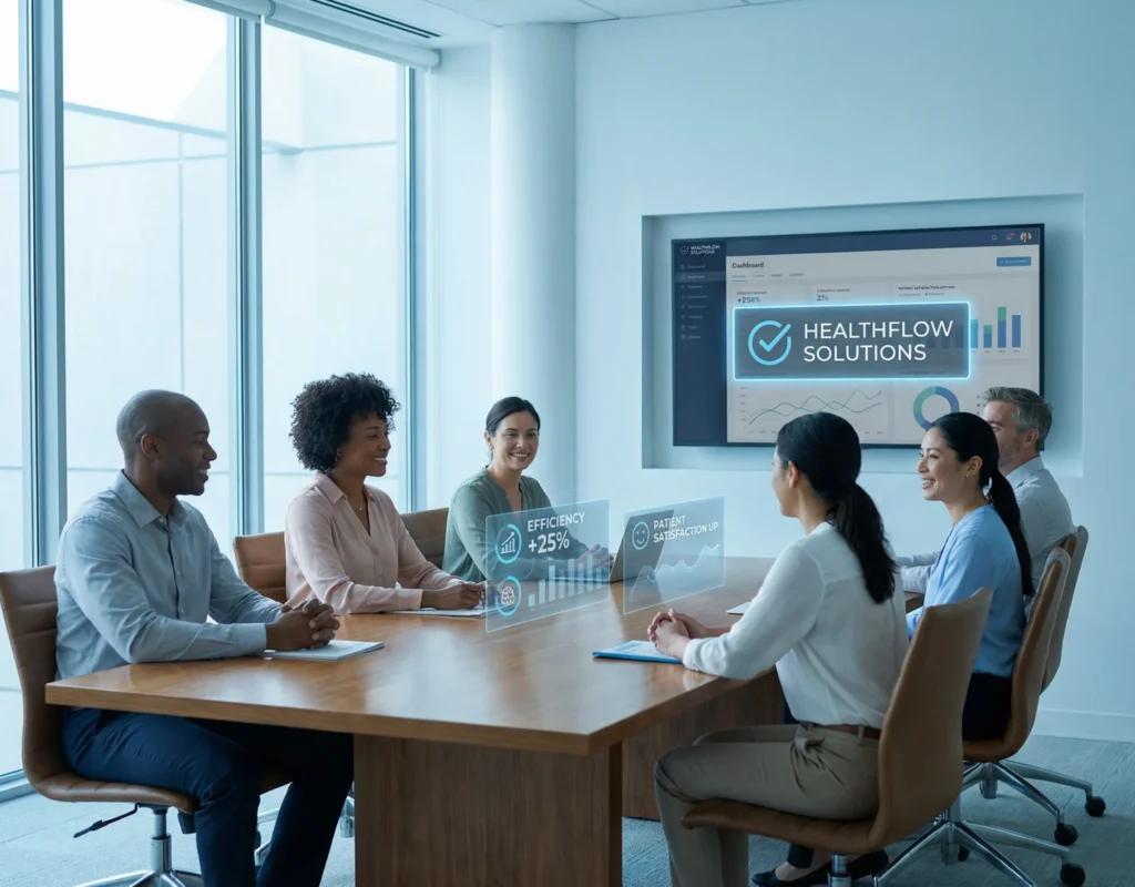 Team of individuals around a conference table, focused on a presentation about Zechion IT for clinic owners' needs