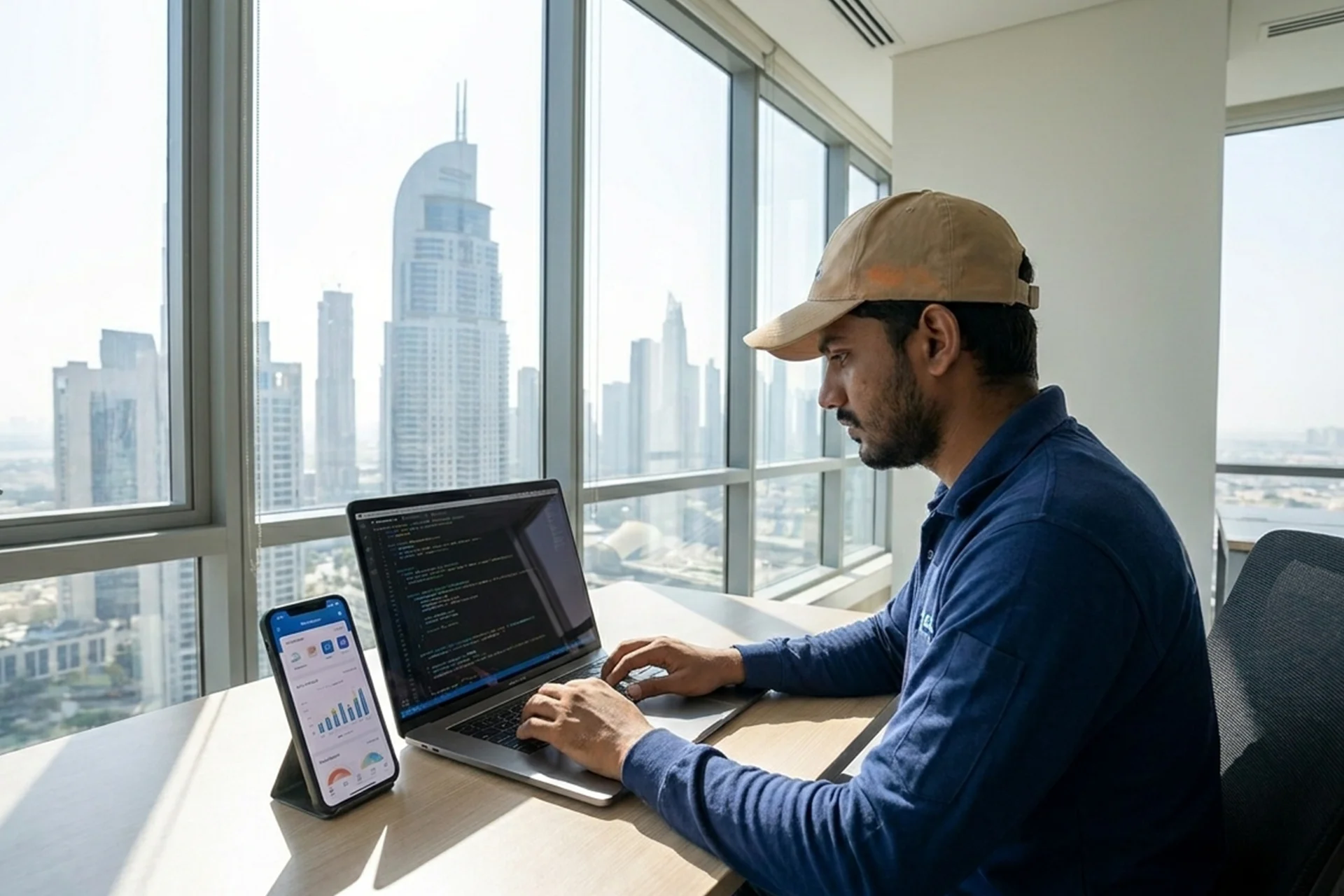 Man in a cap working at a desk with a laptop, focused on mobile app development tasks