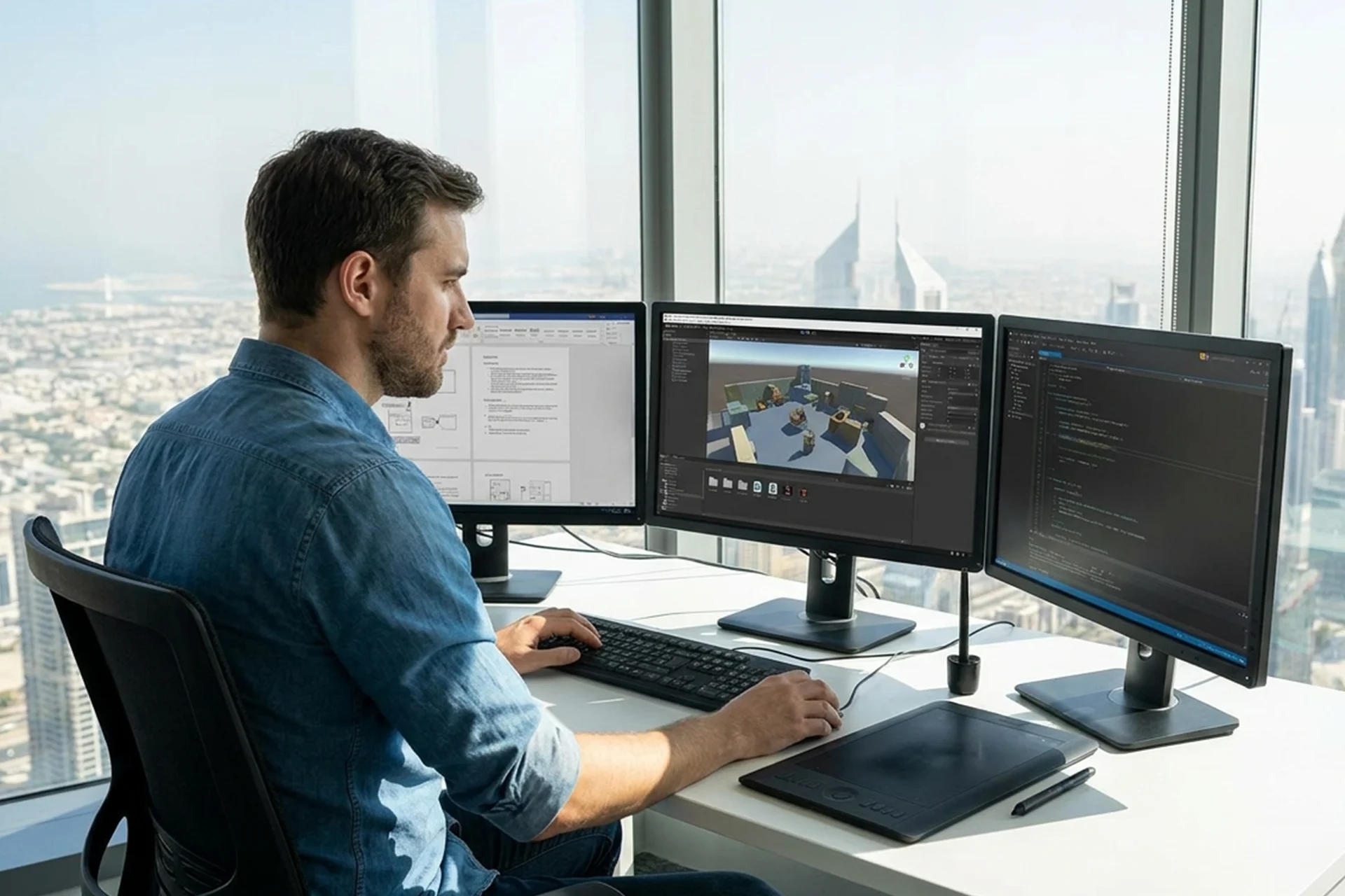 Professional Game Development Company Developer Working on 3D Video Game Design in Modern Office